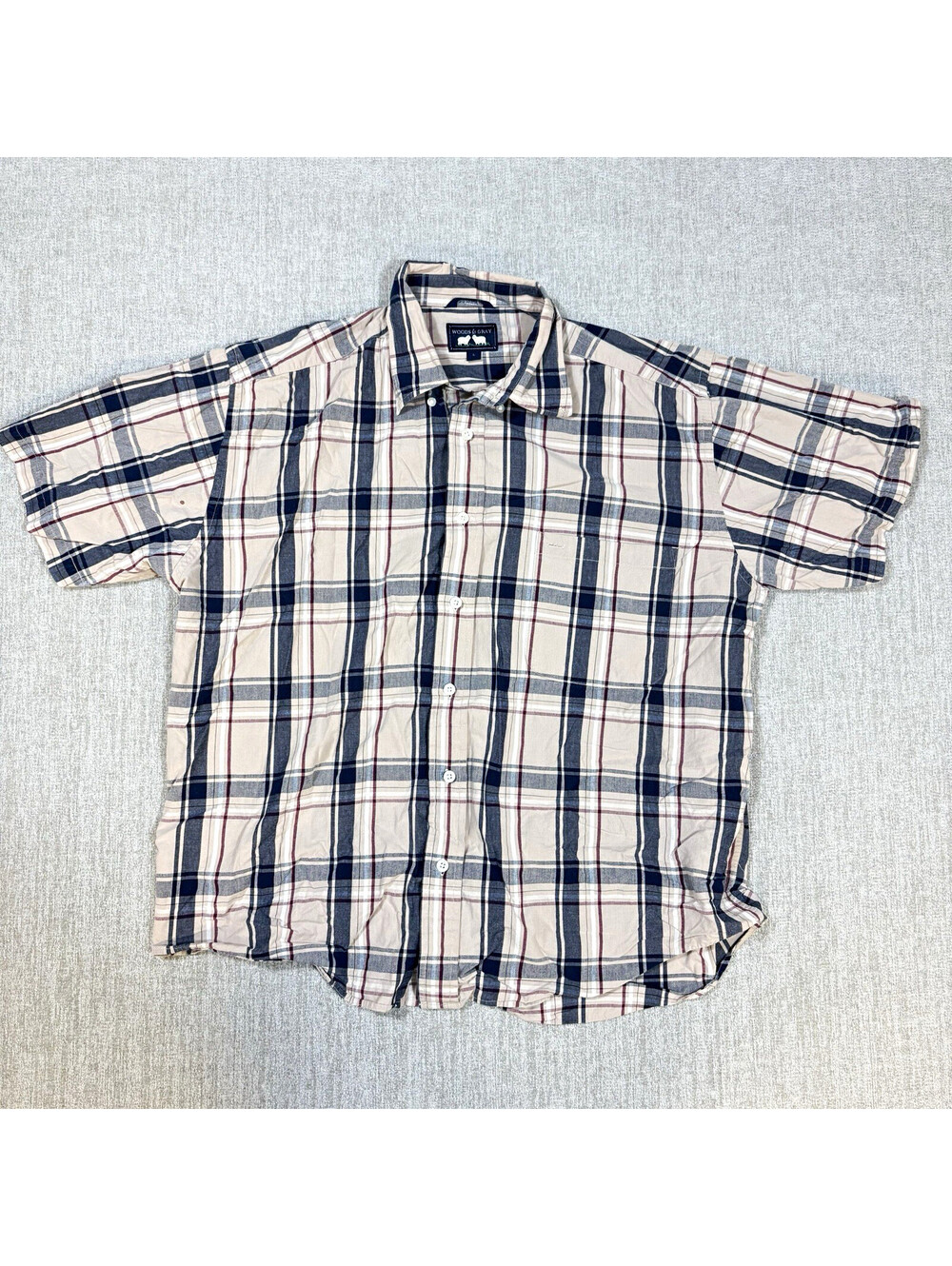 Vintage 90s Woods & Gray Mens L Tan Navy Plaid Short Sleeve Shirt 100% Cotton